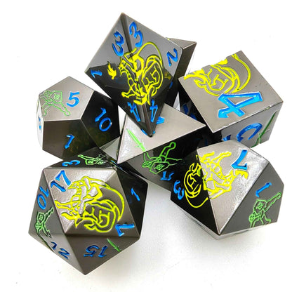 Yellow Dragon and Green Warrior Black Metal DND Dice Set — 7-Piece Zinc Alloy TTRPG Dice
