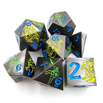 Yellow Dragon and Green Warrior Black Metal DND Dice Set — 7-Piece Zinc Alloy TTRPG Dice