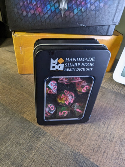 Handmade Sharp Edge Resin Dice Set: Chrysanthemum with Pink Numbers (7-Piece Polyhedral)