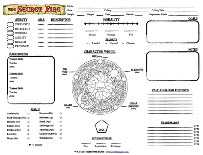 The Secret Fire RPG Character Sheet