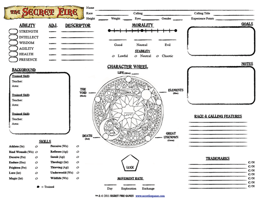 The Secret Fire RPG Character Sheet