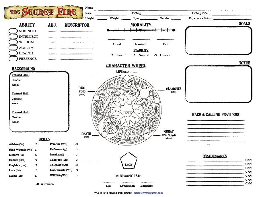 The Secret Fire RPG Character Sheet