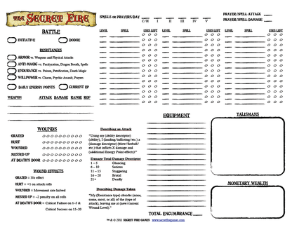 The Secret Fire RPG Character Sheet