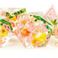 Handcrafted Sharp Edge Resin Dice Set: Chrysanthemum with Pink Numbers (7)